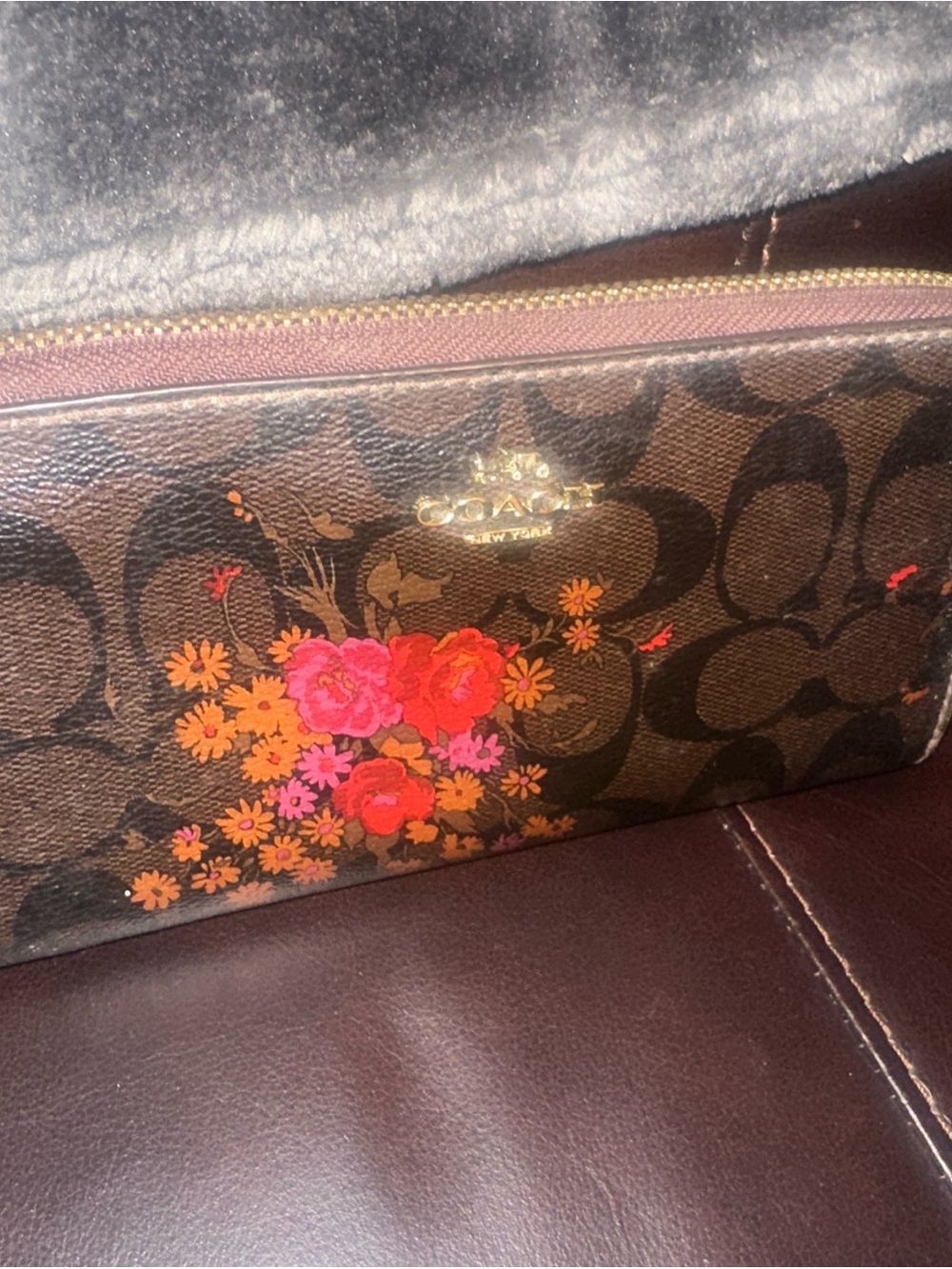 Coach Brown Signature Poppy Tea Rose Floral Zip Wallet